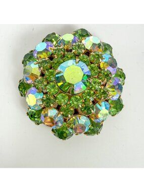 Vintage Round Domed Aurora Borealis Uranium Glass Green Rhinestones Brooch